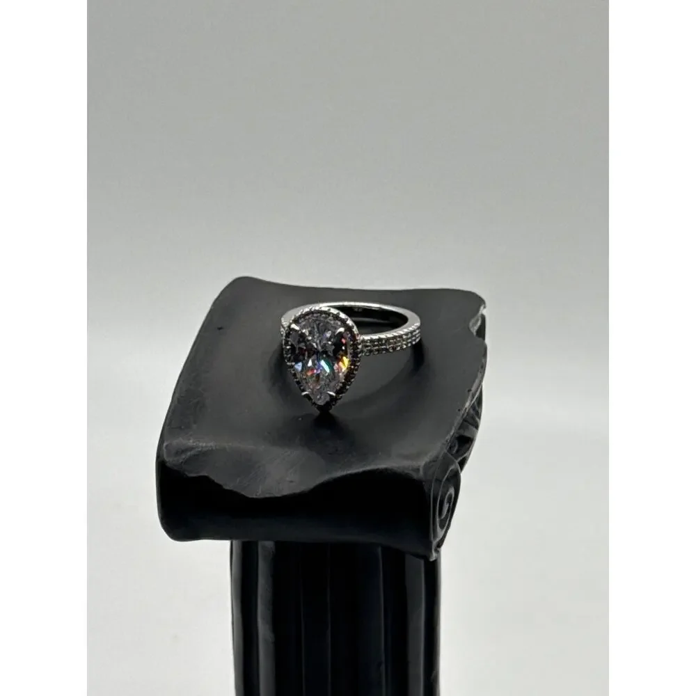 Pear Cut CZ Halo Ring Size 5 | Silver Plated Stainless Steel | Hypoallergenic